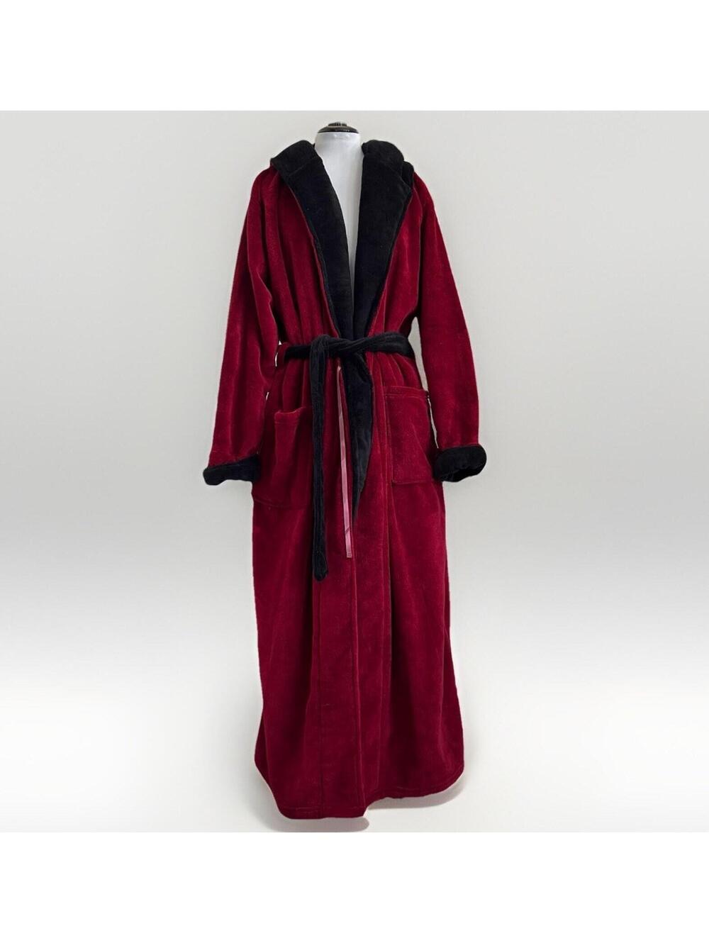 Alexander Del Rossa Men’s Fleece Robe Medium Burgundy Red Black Hooded Plush